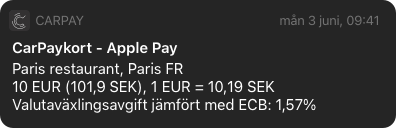 Notis i CarPay om valutaväxlingsavgift.